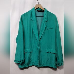 Vintage Tally Ho 100% Silk Oversized Blazer Women's S Green Boho Retro 90s Y2K